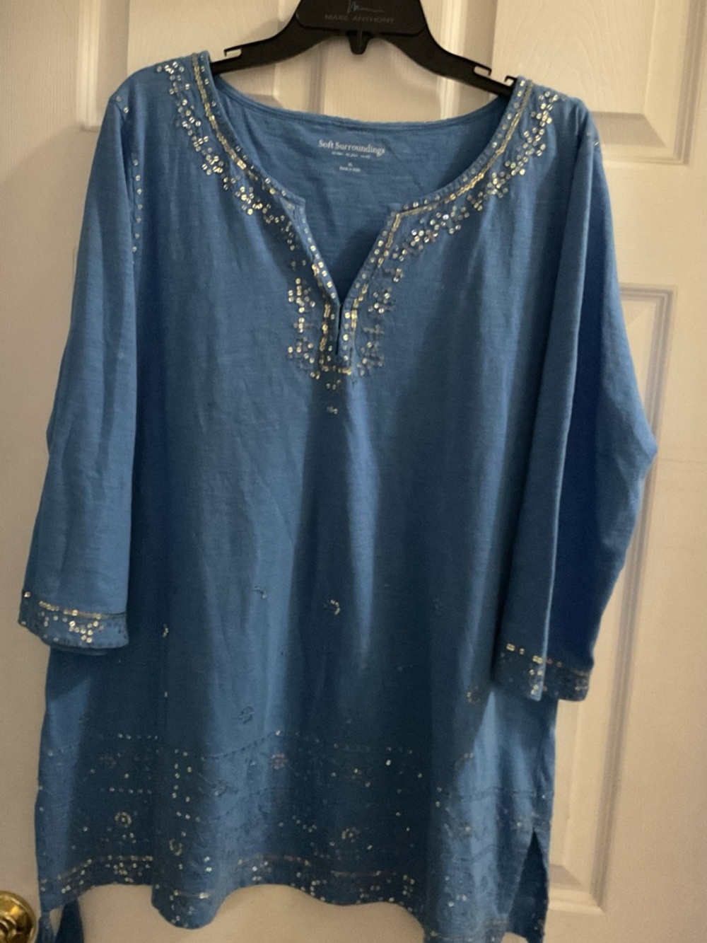 Soft Surroundings Blue Embellished Tunic Top with Bead Detail